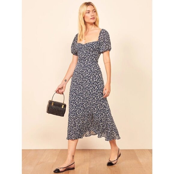 💕REFORMATION💕 Hannah Dress ~ Elyse Blue with White Micro Floral Print 4 NWOT - Picture 2 of 12
